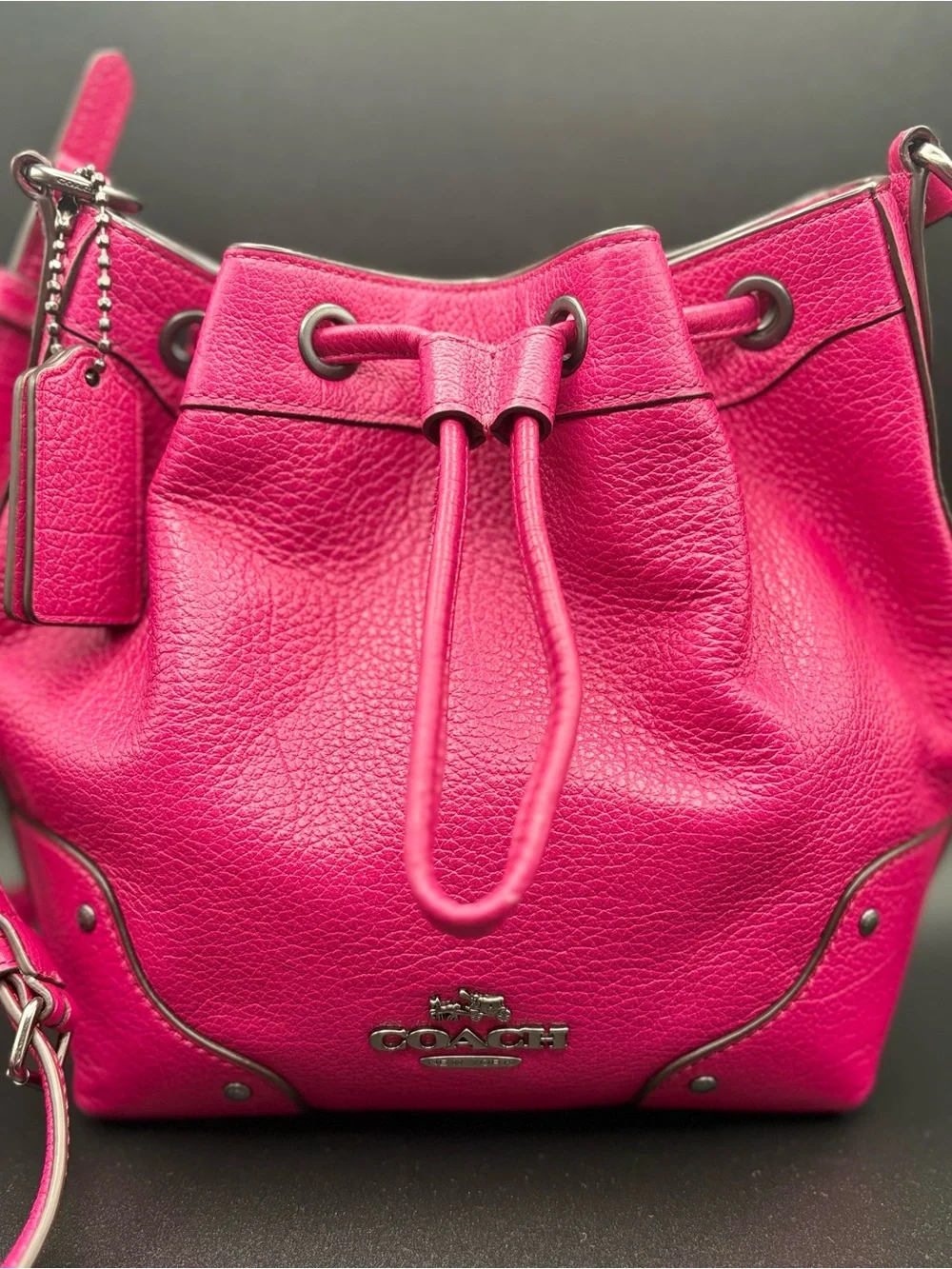 Coach Mickie Fuchsia Pebbled Leather Drawstring Crossbody Bag